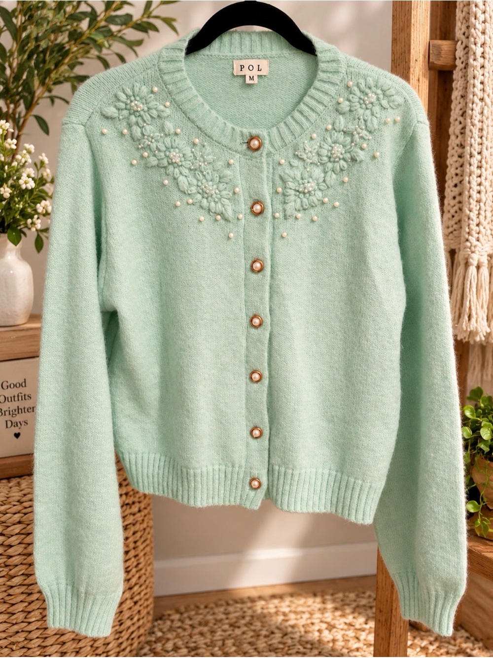 POL Mint Green Pearl & Floral Knit Cardigan - NWOT